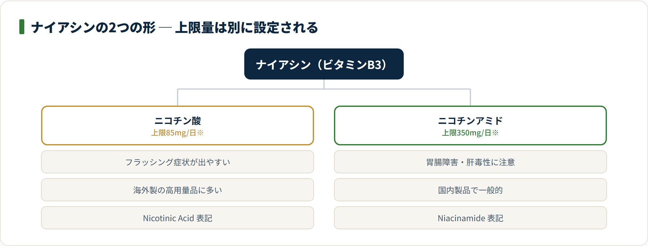 図:ナイアシンはニコチン酸とニコチンアミドで耐容上限量が別(※30〜49歳男性の値)