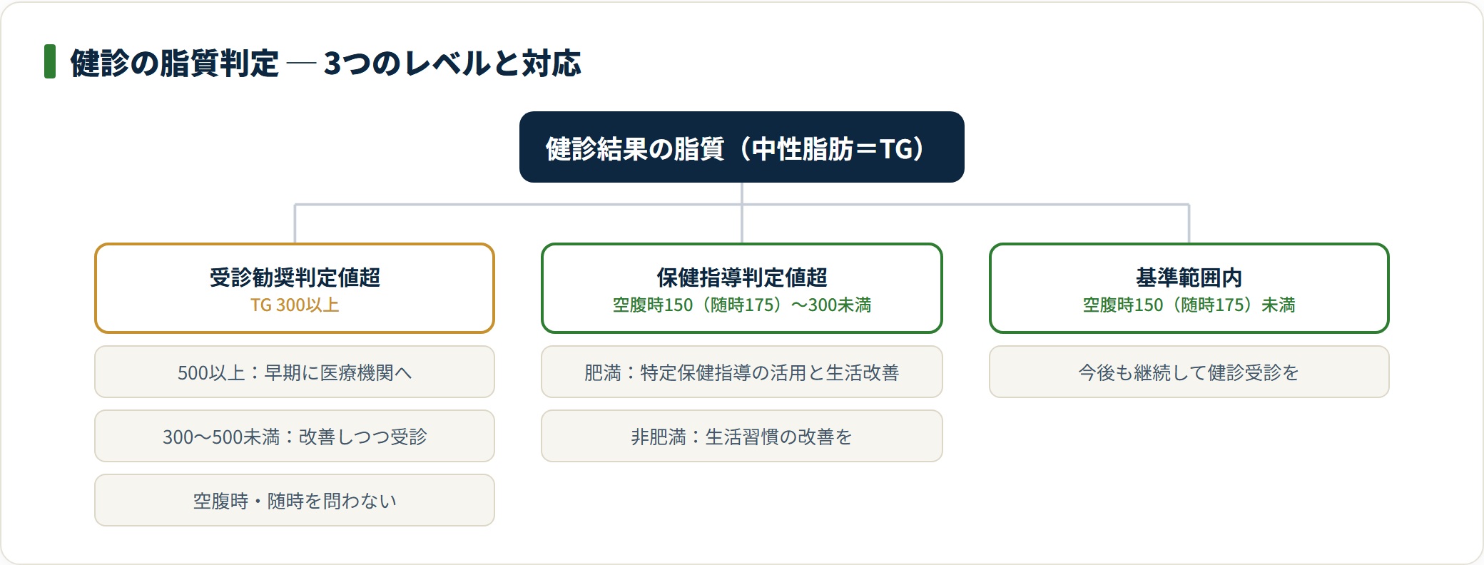 図:脂質の健診判定は3レベルに分かれ、同じレベルでも肥満・非肥満で案内が変わる