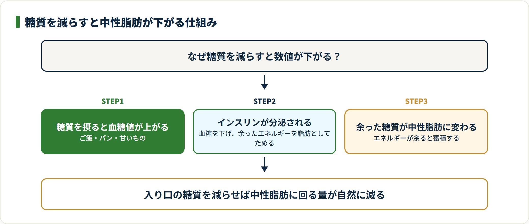 糖質を摂ると血糖値が上がりインスリンが分泌され、余ったエネルギーが中性脂肪に変わって蓄積する流れを示し、入り口の糖質を減らせば中性脂肪が下がりやすくなることを示した図