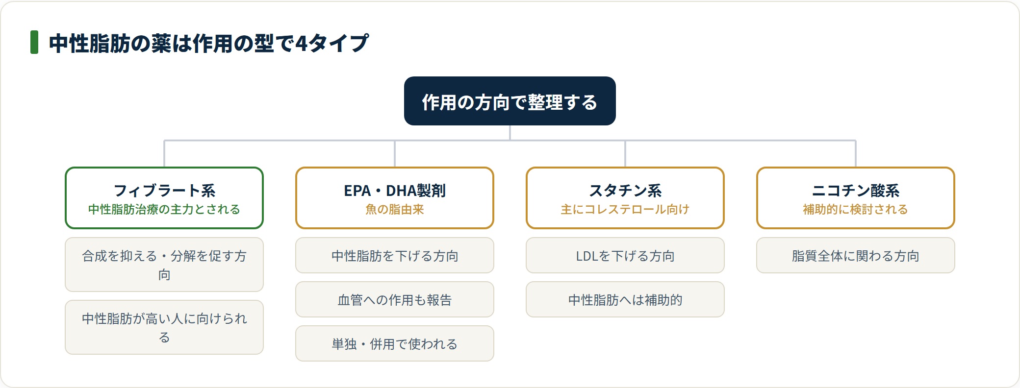 中性脂肪の治療薬はフィブラート系・EPA/DHA製剤・スタチン・ニコチン酸系の4タイプに整理できる