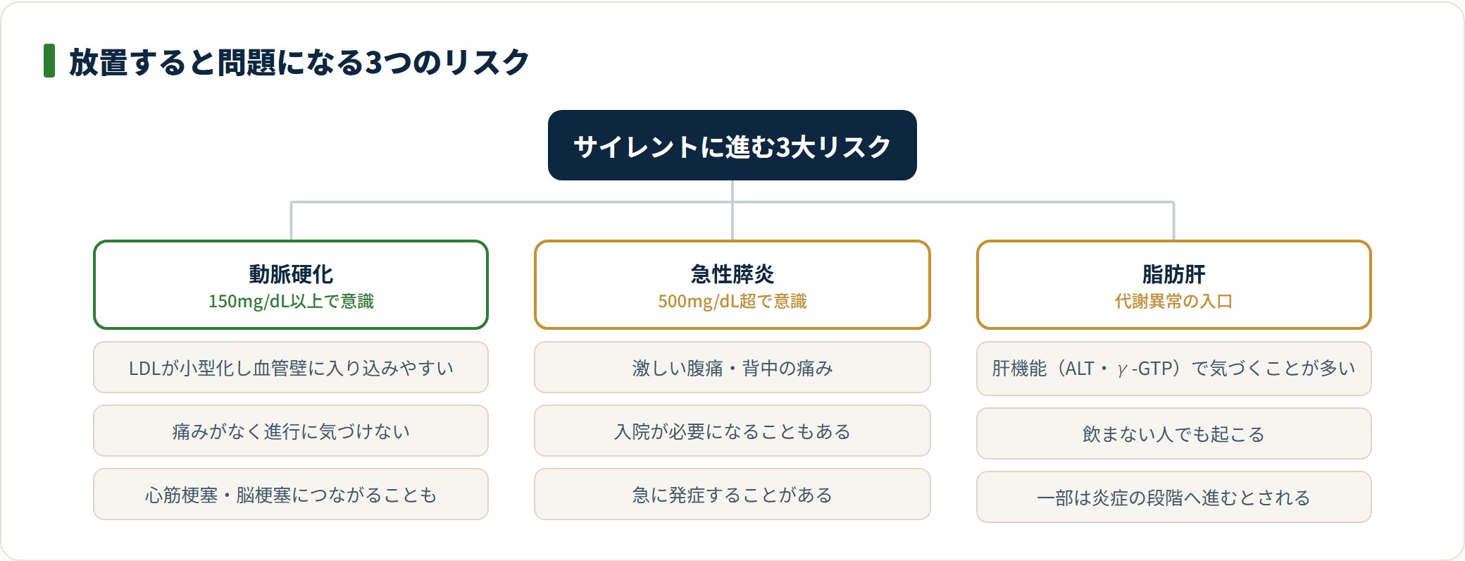 中性脂肪の高値を放置すると動脈硬化・急性膵炎・脂肪肝の3つが問題になり、いずれも初期は無症状